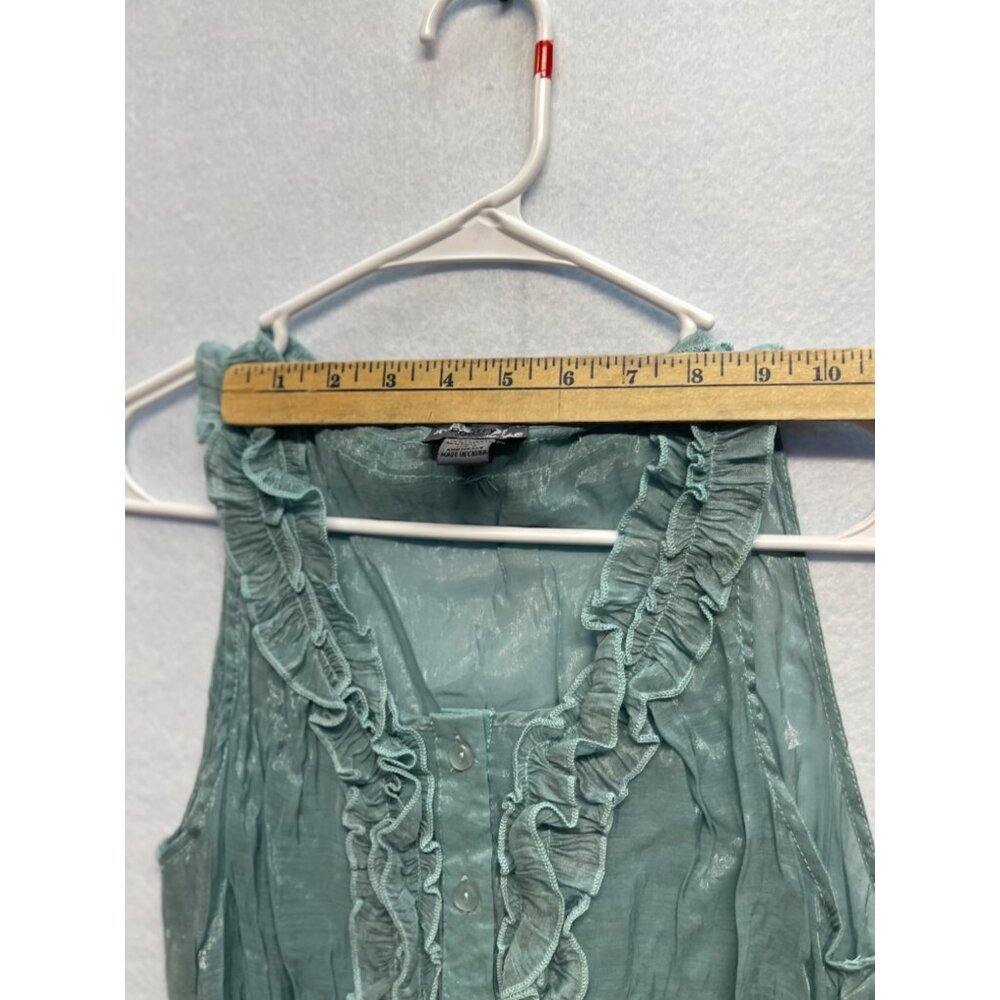 Poetry Clothing Blouse Aqua Blue Ruffle Front Sleeveless Size Medium - Picture 9 of 9